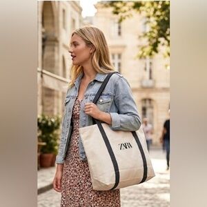 NEW, ZARA Cream Cotton Lightweight Logo Tote with Blue Straps Front Pocket